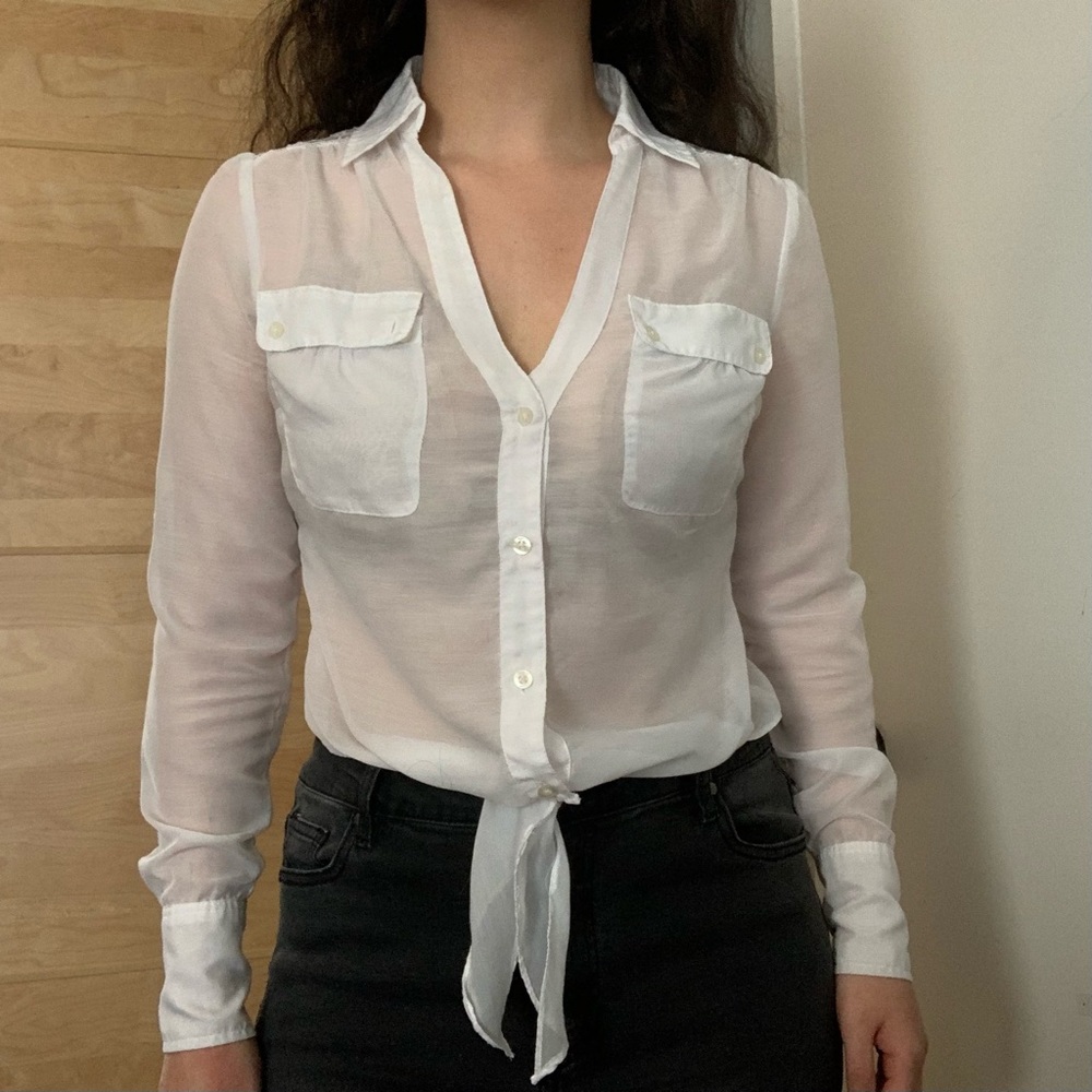White lace tie front bow collar button down shirt